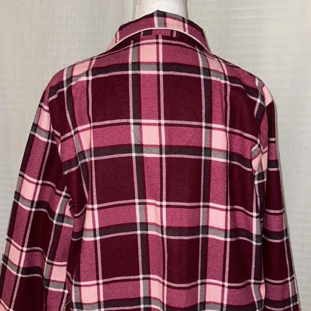Erxeelo 12-14 Burgundy Pink Plaid Flannel 💯Cotton Pajama Sleep Long Sl Shirt